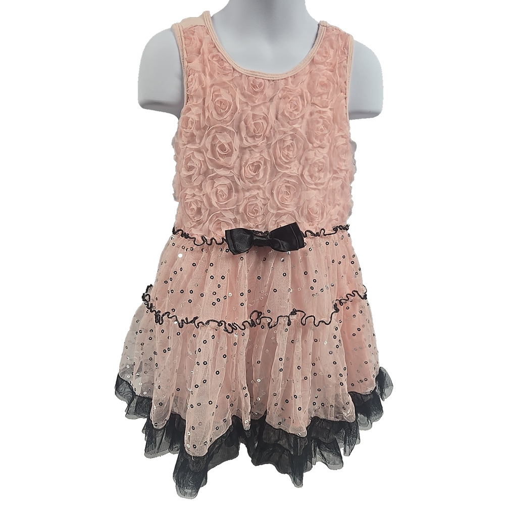 Betsey Johnson Girls Dress Pink Rosettes Black Trim Tulle Ruffle Sequined Size 5